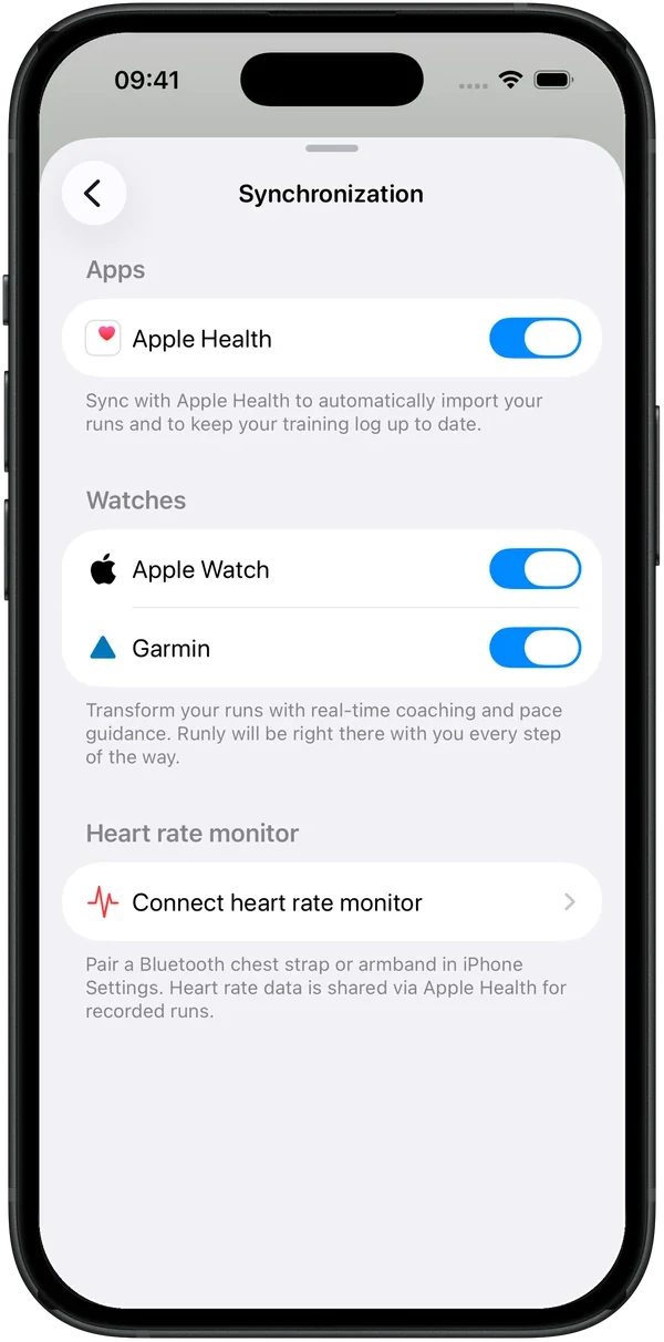 Synchronization settings with Apple Health, Apple Watch and Garmin