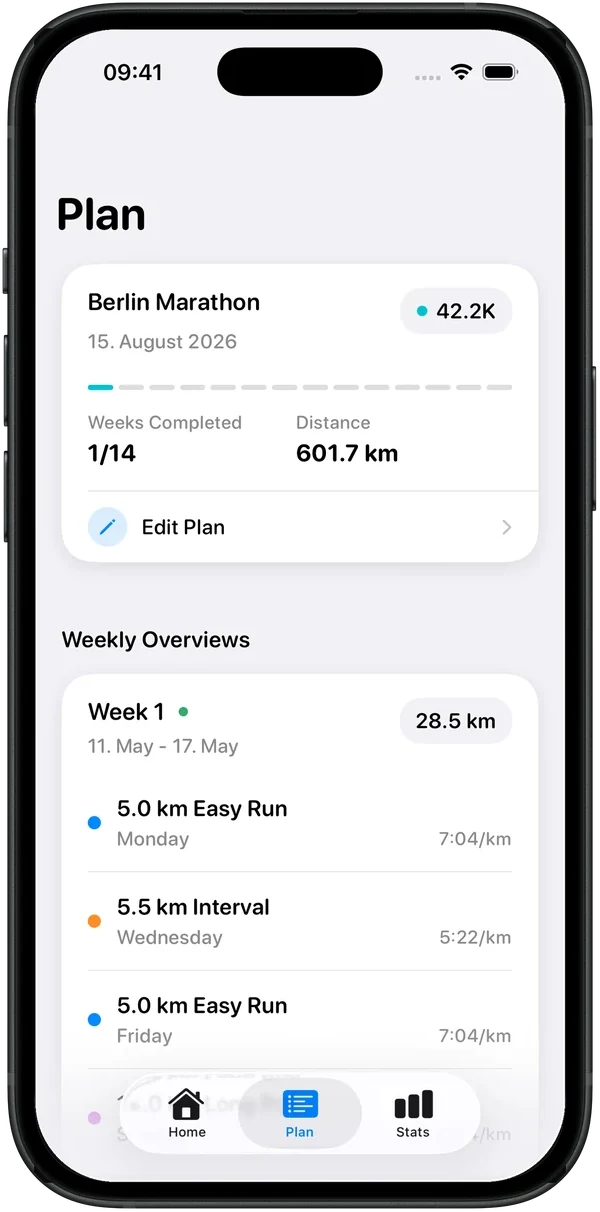 Plan tab: Berlin Marathon, week 1 of 14, weekly overview